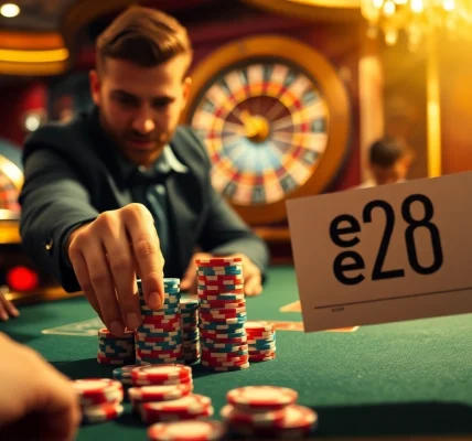 Players at a poker table showcase high stakes with chips while featuring e28 on a betting slip, creating a dynamic casino atmosphere.