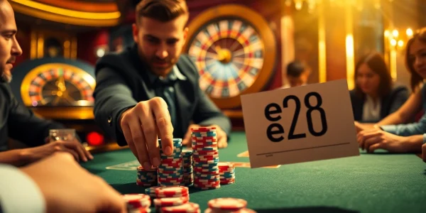 Players at a poker table showcase high stakes with chips while featuring e28 on a betting slip, creating a dynamic casino atmosphere.