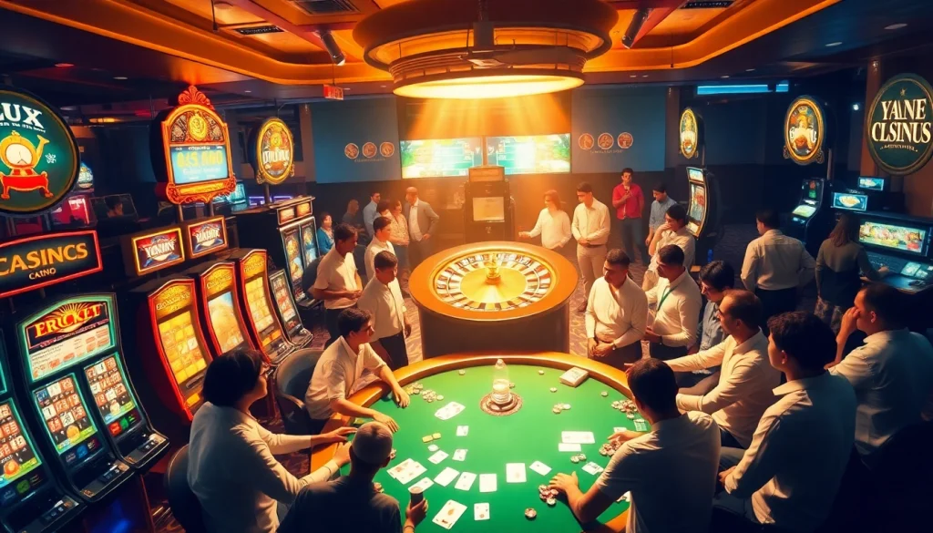 Experience the thrill of jogoluck at a bustling casino with players at tables and vibrant slot machines.
