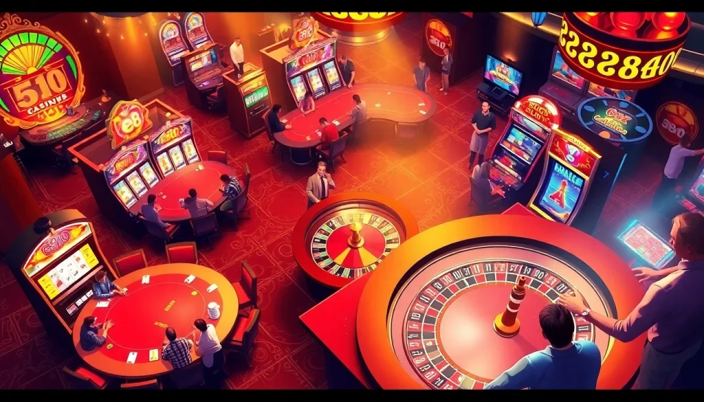 Experience e28-themed excitement at the casino with lively poker, roulette, and vivid slot machines.