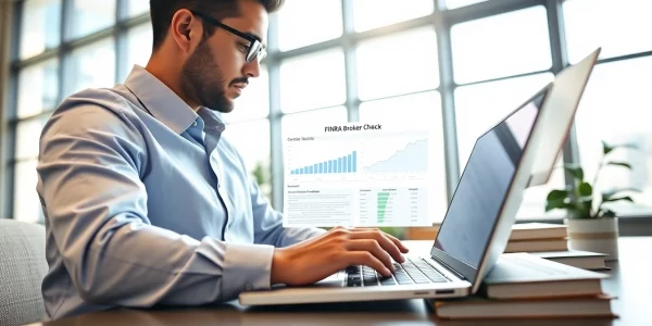 Check FINRA Broker Check details with a financial analyst in a modern office setting.