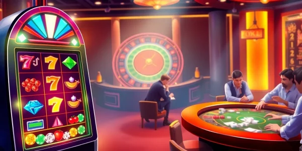 Experience the thrill of game nổ hũ with vibrant slot machines and roulette excitement in a casino setting.