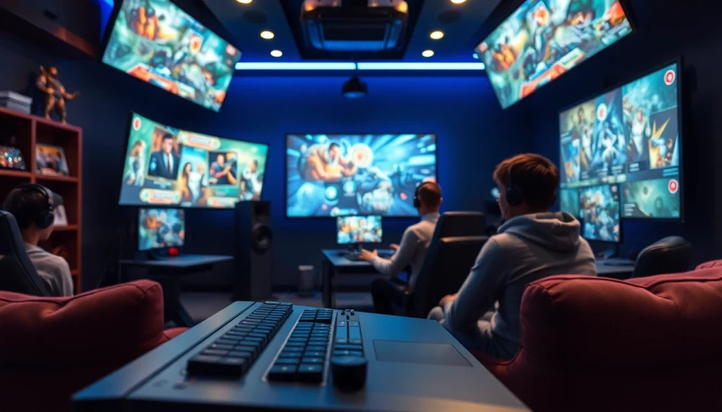Engaged players enjoying card games from https://awin68.cloud/ in a vibrant gaming studio setting.