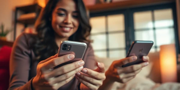 Engaging in ai sexting, a couple shares flirty texts in a cozy setting.