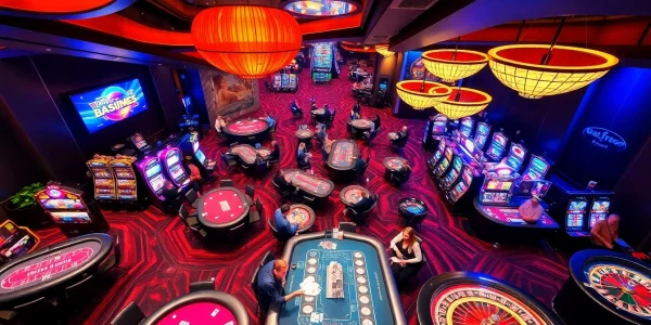 Exciting casino scene featuring players at hz88 com poker tables and flashing slot machines.