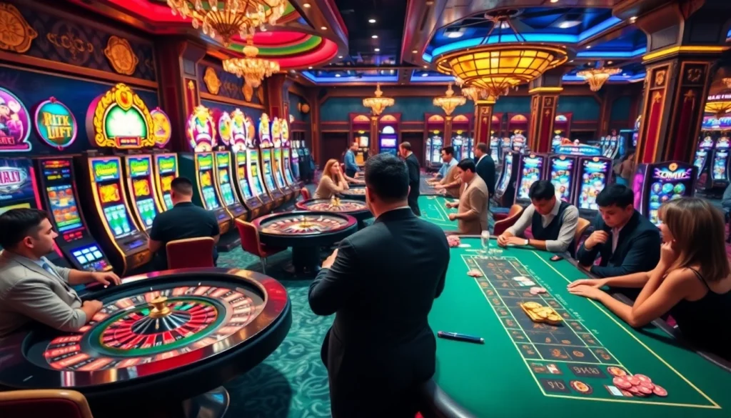 Players strategizing at SSHBET IO's roulette and blackjack tables in a dazzling casino atmosphere.