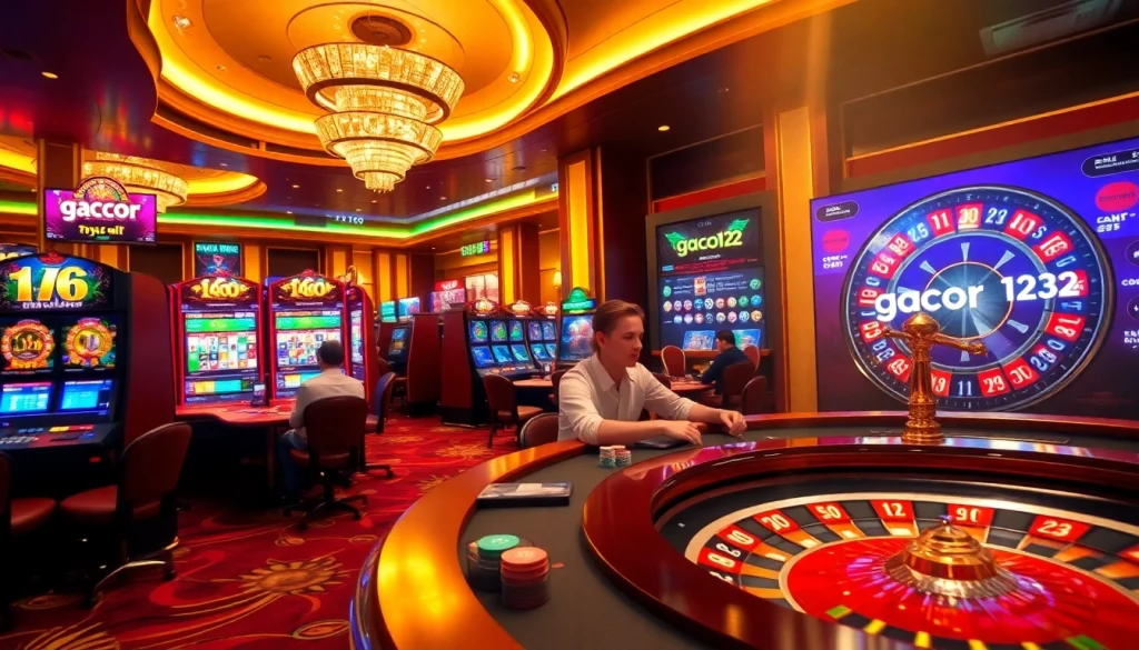 Experience gacor123 thrills at a vibrant casino table with poker chips, roulette, and excited players.